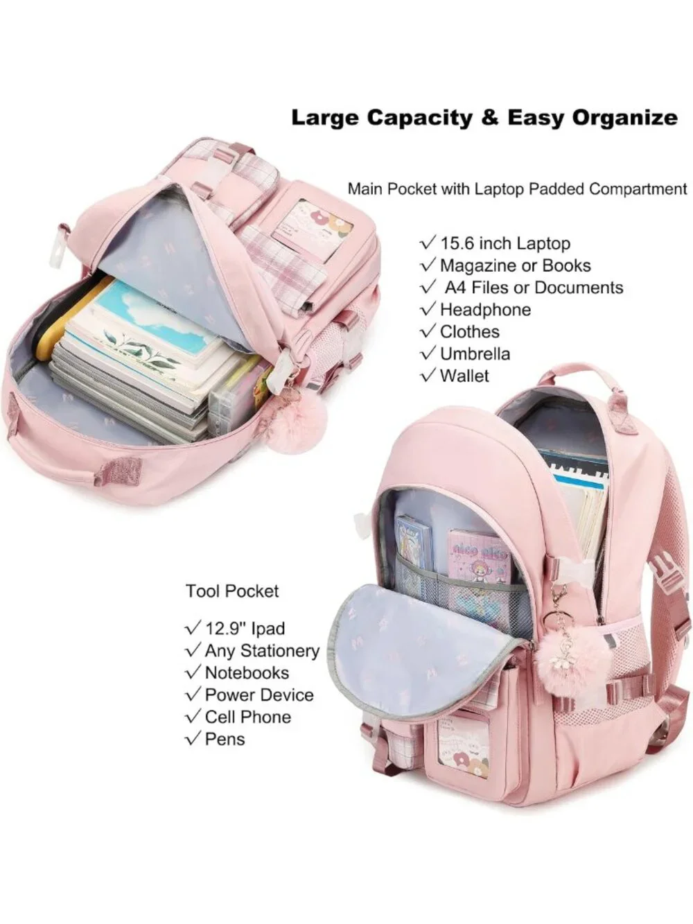 Stylish Pink Backpack for Girls - 15.6
